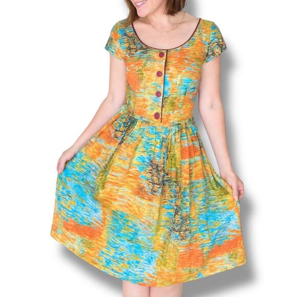 ModCloth x Retrolicious All The Colors Of The Whim Abstract Fall Print Dress - Picture 1 of 12